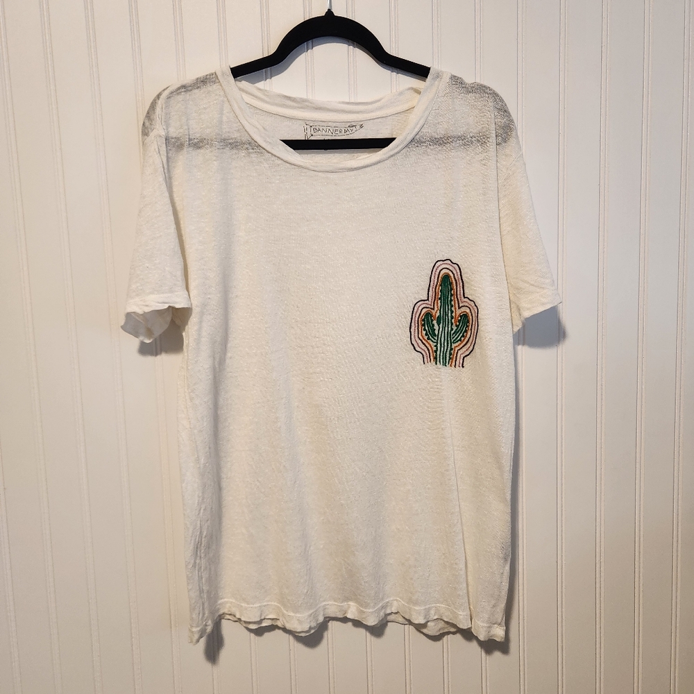 BANNER DAY Free People White 100% Linen Semi Sheer Cactus Oversized Boho Tee S